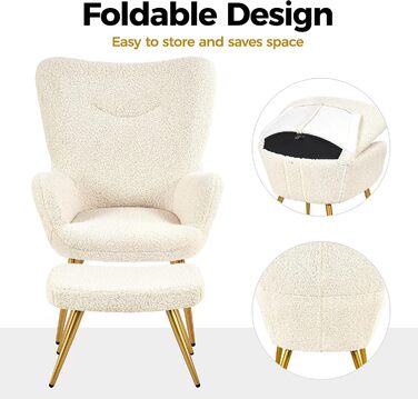 Крісло Yaheetech з підніжкою та підставкою для ніг, чохол з поліестеру, крісло під телевізор, крісло, м&39яке крісло, крісло-реклайнер, коктейльне крісло, плюшевий ведмедик, стильний дизайн, білий колір з підставкою для ніг