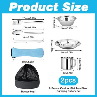 Набір посуду для кемпінгу, 15 предметів, нержавіюча сталь тарілки, миски, чашки, виделки, ложки та чохол для зберігання. Посуд з нержавіючої сталі для кемпінгу, походів та пікніків