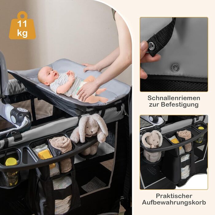 Ліжечко-дорожнє COSTWAY 6-в-1 з матрацом, портативна дитяча колиска з регульованим балдахіном, складне дитяче ліжко/спальне місце з пеленальний килимок, музичний мобіль та сумка для перенесення для дітей до 3 років, вантажопідйомність 15 кг (сірий) (1 упа