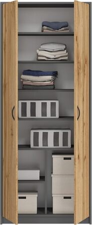 Домашня колекційна шафа, багатофункціональна шафа, полиця, сіра, ширина 74 см, висота 180 см, з шістьма полицями та додатковим відділенням, картотечна шафа, побутова шафа, органайзер, дерев&39яна багатофункціональна шафа 8 полиць, антрацит/дуб