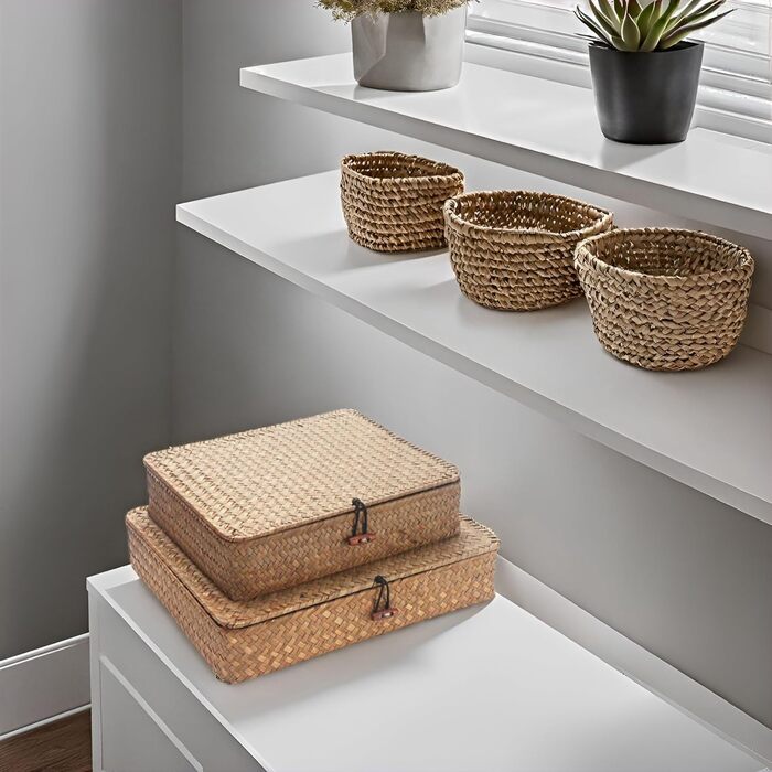 Кошики для зберігання морської трави з кришками, плоский плетений кошик, плоский плетений кошик для полиць, декоративні коробки для зберігання та організації