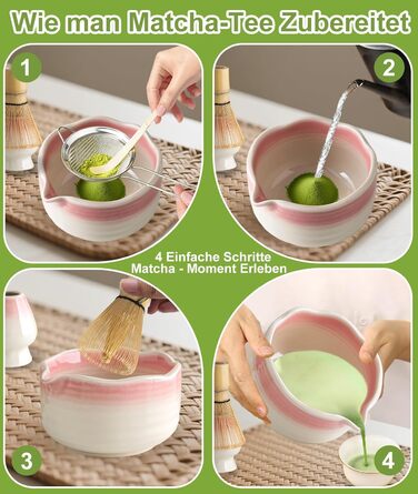 Набір для матча JBER Рожевий Градієнт бамбуковий вінчик (часен), чаша для матча з носиком, підставка для вінчика, ситечко, ложка та підставка, японський набір для поціновувачів матча