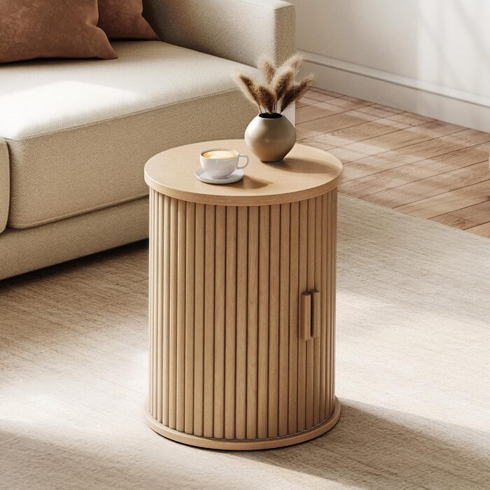 Круглий стіл YITAHOME з шафою з розсувними дверима, бічний столик з 2-ярусною полицею для зберігання для спальні, їдальні, вітальні, домашнього офісу або квартири, невеликий журнальний столик/тумбочка, світлий дуб