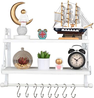 Дерев&39яна настінна полиця, плаваюча полиця, підвісна полиця, 2-рівнева полиця для спецій, кухонна полиця, органайзер для настінних полиць, полиця для ванної кімнати з 8 знімними гачками для ванної кімнати, вітальні, коридору, біла