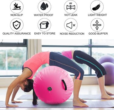 Надувний гімнастичний повітряний валик, надувні повітряні ролики, повітряний валик, гімнастичний валик, повітряна бочка для тренувань балансу, валик для йоги, колона для вправ з ПВХ циліндра для домашнього використання, 120x75 см, рожевий