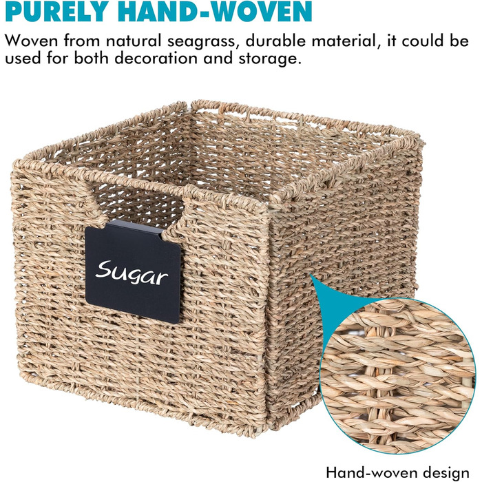 Набір із 3 прямокутних кошиків для зберігання з морської трави, 26,5 x 24 x 19 см / Складаний плетений кошик, полиця, коробка для зберігання, плетений кошик з натуральної верби, органайзер для ванної кімнати, вітальні, 24 см x 26,5 см x 19 см, морська тра