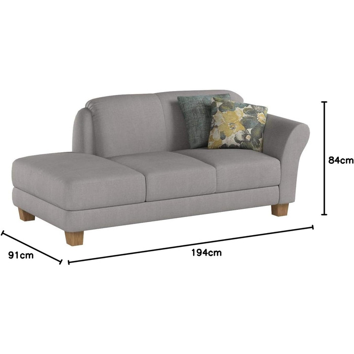 Шезлонг з пружинною серцевиною та правим підлокітником у стилі кантрі, 194 x 84 x 91 см, світло-сірий, правий підлокітник, ніжки натуральний паризький світло-сірий