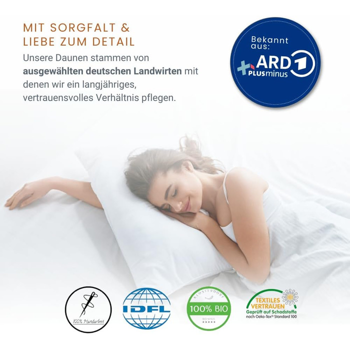 Подушка преміум-класу Klosterdorf Bedding Manufactory з трьома камерами &quotФункціональна&quot - 40x80 см - 600 грамів - Ручна робота в Німеччині - Здоровий сон - Пухова подушка, 3-камерна, (1 упаковка)