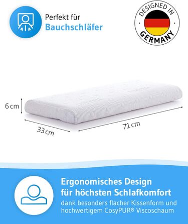 Подушка для сну на животі 40x80 HADAR низька термостійка, плоска подушка 6 см для сну на животі, високоякісна піна з ефектом пам&39яті, терморегулюючий чохол, ергономічна подушка для сну на животі, підходить для розміру 40 x 80 Термічний чохол 40x80