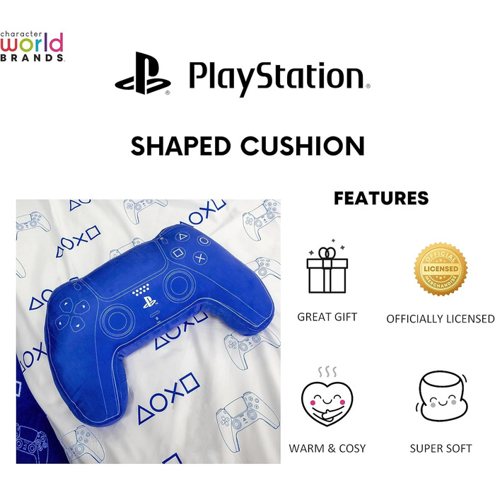 Світ персонажів Офіційно ліцензована подушка у формі контролера PlayStation, дизайн телефону, наповнена плюшем Ідеально підходить для спальні або ігрового декору, синій колір
