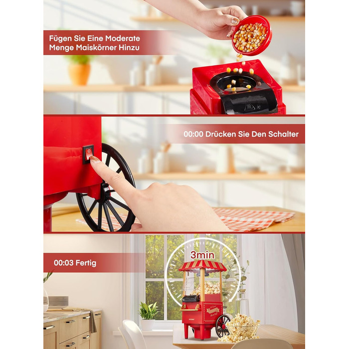 Машина для приготування попкорну HOUSNAT Гаряче повітря - Ретро маленька машина для приготування попкорну - Знежирена безолійна та здорова закуска Mas - Машина для приготування попкорну 1200 Вт для дому - Ніч кіно та Різдво - Червоний