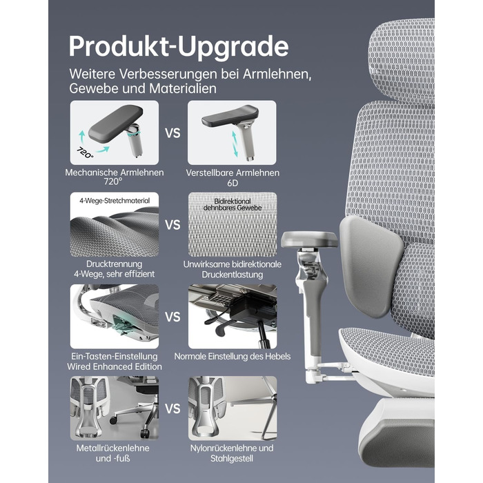 Ультраергономічне офісне крісло Hbada E3, велике та високе офісне крісло з 3-зонною динамічною поперековою підтримкою, механічними підлокітниками на 360, регульованим підголівником у 4 напрямках, сіре