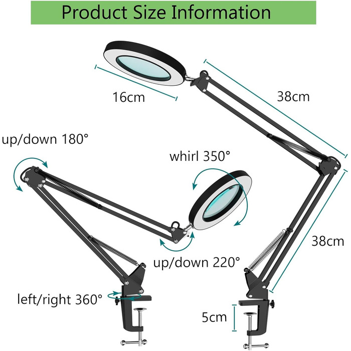 Кратна лампа-лупа, лампа-лупа, світлодіодна настільна лампа із затискачем і регульованим кронштейном - лупа з регулюванням яскравості та 3 колірними режимами зі світлом, косметична лампа зі скляними лінзами діаметром 4,1 дюйма, для читання/офісу/роботи (ч