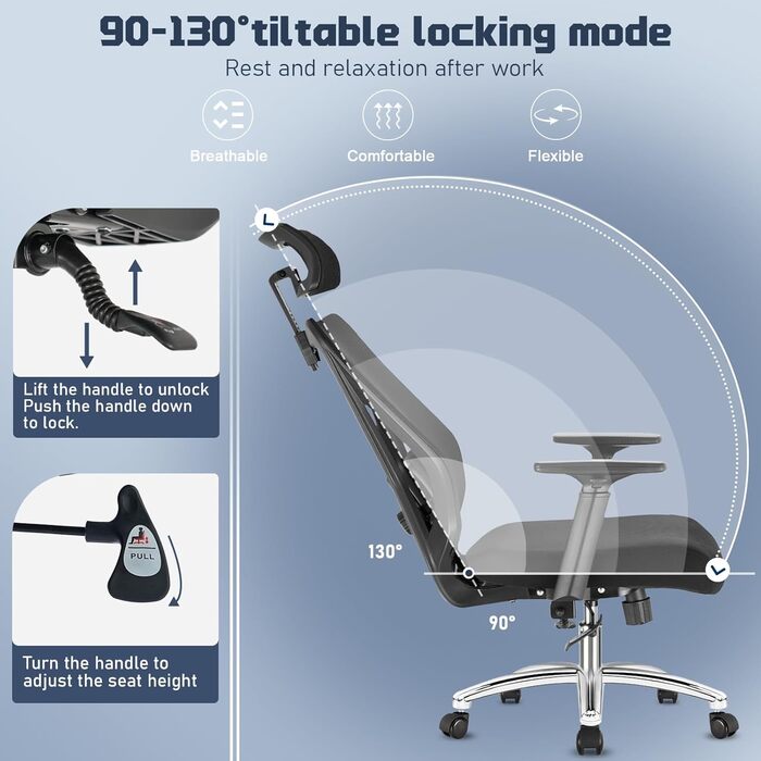 Ергономічне офісне крісло, робоче крісло з регульованою поперековою опорою для тривалого сидіння, функцією нахилу спинки (трирівневий механізм блокування) та регулюванням висоти, обертове крісло, сітчасте крісло, чорне офісне крісло