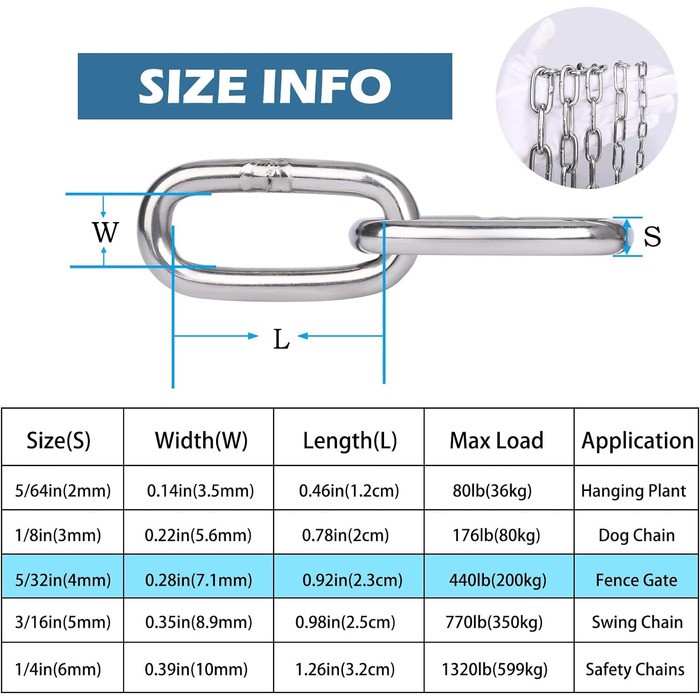 Подовжувач ланцюга Hannger з нержавіючої сталі - 5 м 3 мм Металеві підвісні котушки безпеки Міцний ланцюг до 80 кг Завантажуваний для тіньових вітрил Прикраса огорожі Намисто для собак Орнамент ліхтаря Повітряна йога (1,2 метра, Ø 4 мм)