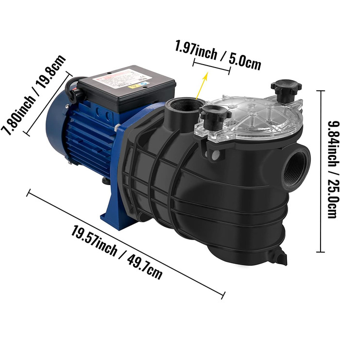 Фільтр-насос для басейну VEVOR 15000 л/год, 1 к.с., знімний кошик фільтра, потужність 750 Вт, напір макс. 14,5 м, для басейнів, спа та термальних джерел