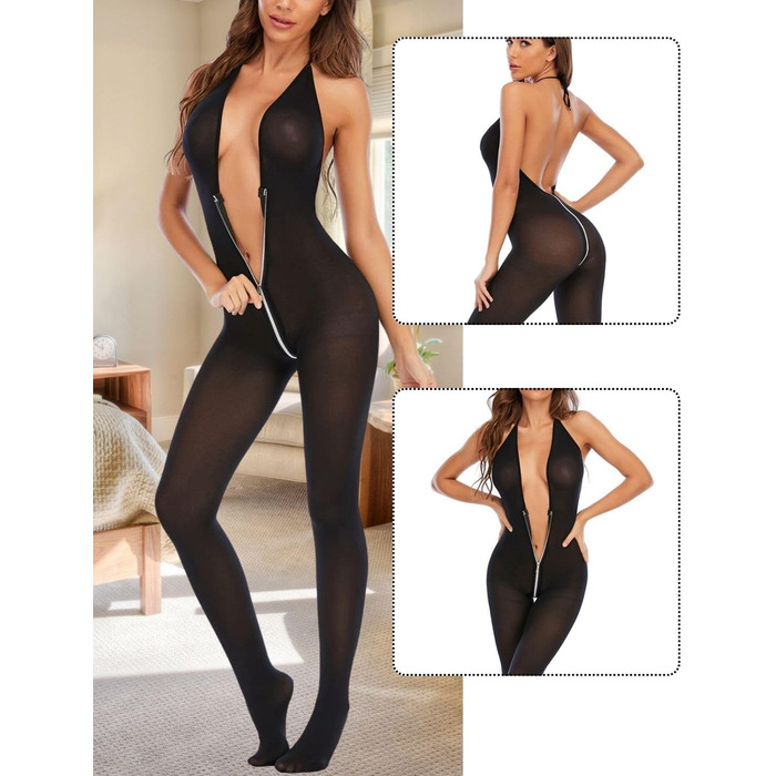 Жіночий сітчастий бодістокінг, з блискавкою, чорний, глибокий V-виріз