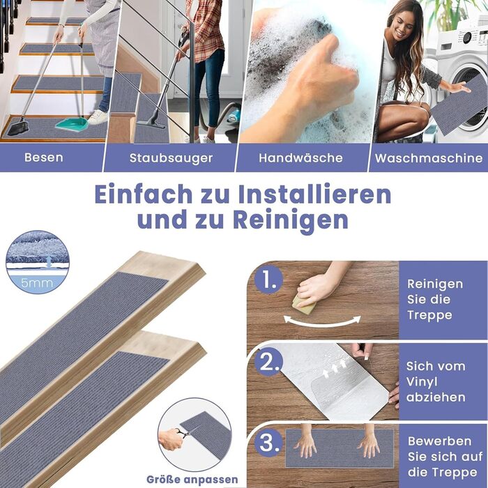 Сходинки для сходів 27 x 88 см, м&39який ворс, самоклеючі та протиковзкі, можна різати, багаторазові, 5 килимових сходинок, килимки для сходів для дітей та домашніх тварин, A