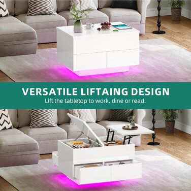 Журнальний столик з регульованою висотою та 4 шухлядами, глянцевий стіл для вітальні зі світлодіодним підсвічуванням, журнальний столик з місцем для зберігання, білий, 80x55x46 см
