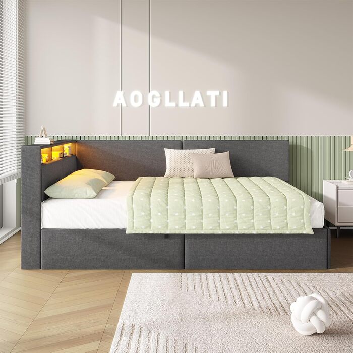 М&39яке ліжко-диван-ліжко 140x200 з USB-розетками та гідравлічним відділенням для зберігання, Ліжка 140x200 зі світлодіодним узголів&39ям та рейковою основою, Дитяче ліжко-кушетка, Двоспальне ліжко, Льняне, Темно-сірий (без матраца) 140 x 200 см Темно-сір