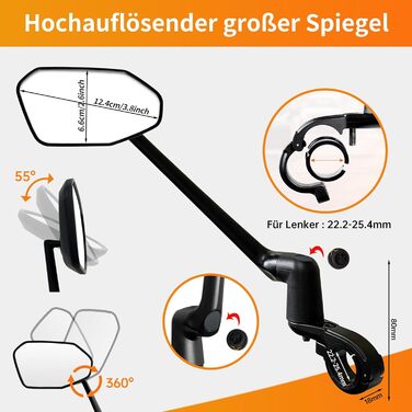 Велосипедне дзеркало, нове функціональне велосипедне дзеркало заднього виду з контрольованим напрямком висування, HD справжнє скло для електросамоката, велике велосипедне дзеркало з обертанням на 360 для керма електровелосипеда ліве (22,2-25,4 мм)