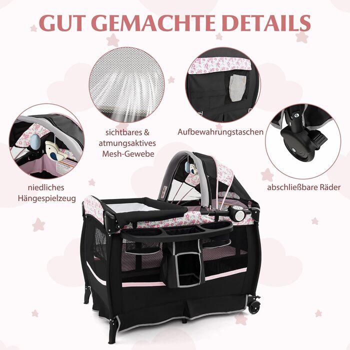 Дорожнє ліжечко 4-в-1 з матрацом, дитяче ліжечко 102 x 73 см з колесами, пеленальний килимок та колиска, складне приліжкове ліжечко для дітей 0-36 місяців та вагою до 15 кг (рожеві квіти)