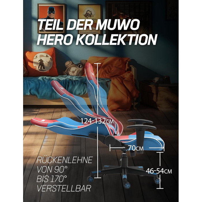 Ігрове крісло MUWO Hero для кіберспорту ергономічне з регульованою спинкою (від 90 до 170), регульованим по висоті сидінням, знімними подушками для голови та спинки та функцією повороту на 360 (жовтий/червоний)