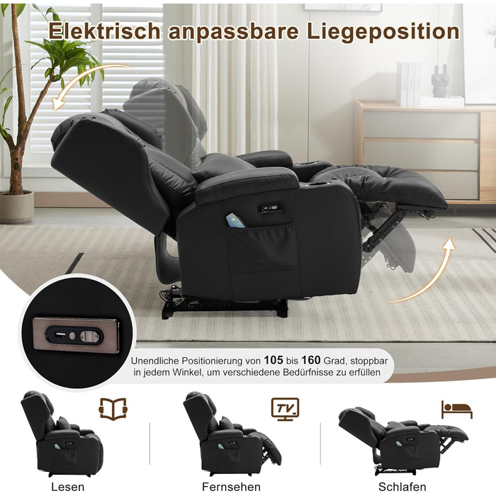 Електрично регульоване крісло-реклайнер з функцією відкидання спинки, крісло для телевізора зі штучної шкіри з масажем та підігрівом, сучасне кінокрісло зі світлодіодним підсвічуванням/USB, до 150 кг (чорне, 1 крісло-реклайнер з консоллю) Чорне 1 крісло-р