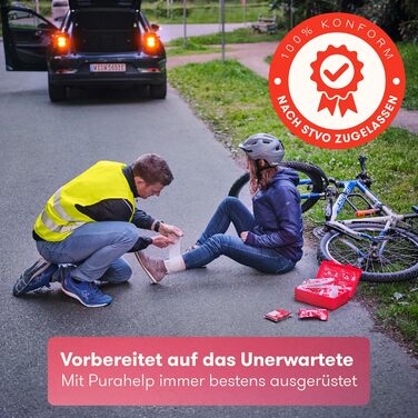 Автомобільна аптечка PURAHELP відповідно до чинного стандарту 2024 DIN 13164 (відповідає StVO) - Вкл. реанімаційну тканину, 2 смуж