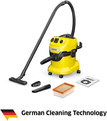 Пилосос для сухого та вологого прибирання Krcher WD 4 P V-20/5/22, пластиковий контейнер, жовтий кабель 5 м, всмоктувальний шланг