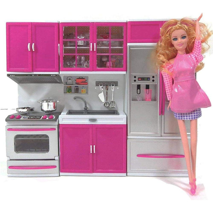 Іграшкові меблі для лялькової кухні, ляльковий будиночок для дітей, реалістичне світло та звуки з робочою варильною поверхнею, духовкою, раковиною, дверцятами холодильника та безліччю аксесуарів, іграшка 40 x 30 см
