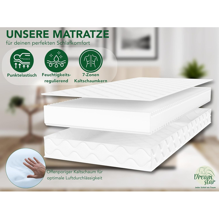 Матрац DREAMSTAR Ergo Flex Duo 7-зонний 90x200 см H2 та H3 Ергономічний матрац з холодної піни Гіпоалергенний та антибактеріальний Знімний та пральний чохол Oeko-Tex (16 см, 90 x 200 см) 90 x 200 см H2 та H3