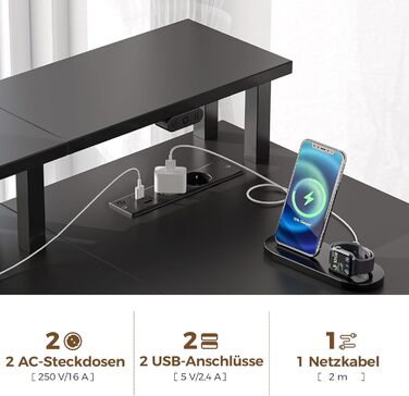 Г-подібний письмовий стіл на сім столів, комп&39ютерний стіл з розеткою, підставкою для світлодіодного освітлення та монітора, кутовий стіл з висувними шухлядами, ідеально підходить для спальні, офісу, вітальні, чорний