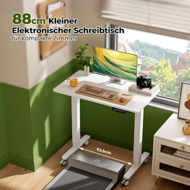 Стіл з регульованою висотою 88 x 50 см, цільна стільниця, електричний стіл з 4 колесами для роботи сидячи та стоячи, невеликий комп&39ютерний стіл для домашнього офісу, білий, ДСП, 88 x 50 см
