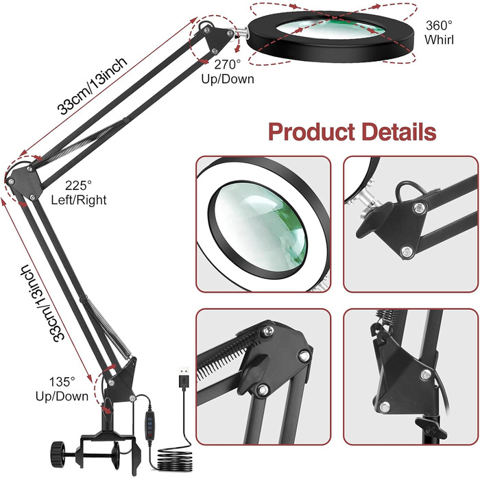 Настільна світлодіодна лупа NEWACALOX, настільна лампа з регулюванням яскравості та 5-кратною лупою, 3-колірна лупа з підсвічуванням і регульованим поворотним кронштейном