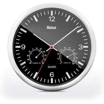 Кварцовий настінний годинник Mebus з термометром і гігрометром / срібна рамка / чорний циферблат / діаметр 25 см / круглий / модел