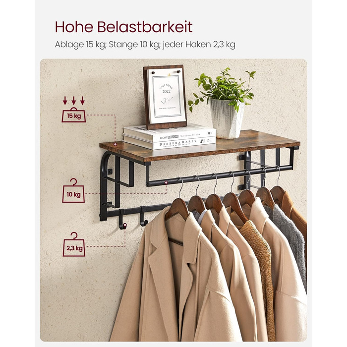 Настінна вішалка VASAGLE з полицею для зберігання, настінна полиця з 5 знімними гачками, підвісна полиця з рейкою для одягу, для п