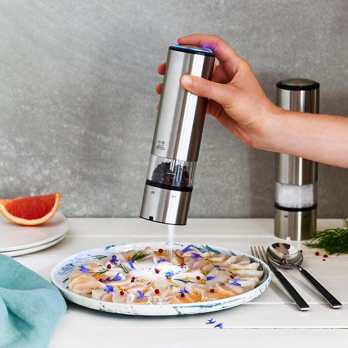 Електричний млин для перцю сільовий млин Elis Sense u'Select 20 см перець кам'яна сіль лоток - 6 попередньо встановлених помелів - Набір перцю та солі з нержавіючої сталі