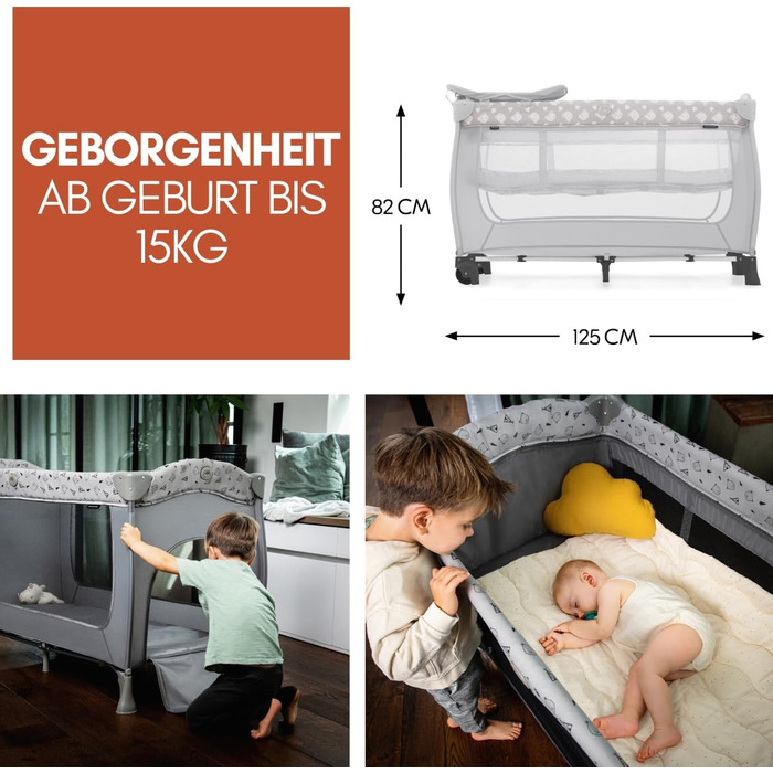 Дитяче ліжечко-дорожнє ліжечко hauck Sleep N Play Center з вкладишем для новонароджених, пеленальний килимок, матрац та простирадло на ремені Дитяче ліжечко-дорожнє, маленьке, складне, від народження до 15 кг - колір Teddy Grey