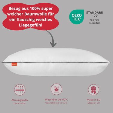 Улюблена готельна подушка, жорстка, 40x80 см, регульована по висоті подушка, 100 бавовна з сірою окантовкою, зроблено в ЄС, сертифікована Oeko-TEX, можна прати при температурі до 60 градусів, жорстка, 40 x 80 см