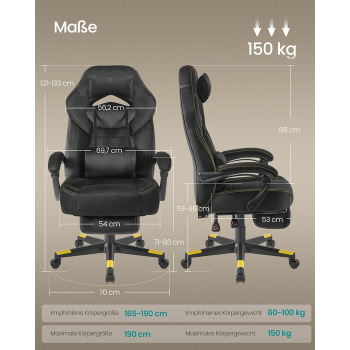 Ігрове крісло SONGMICS, офісне крісло, комп&39ютерне крісло, ергономічний дизайн, з підставкою для ніг, регульований підголівник, поперекова опора, вантажопідйомність 150 кг, чорний колір OBG077B08, оксамитова тканина чорного кольору