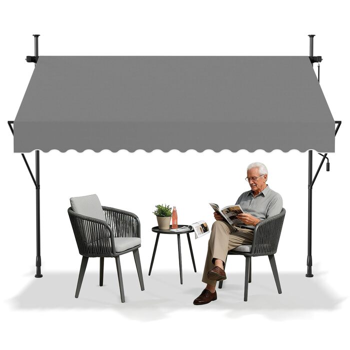 Тент Aufun з кріпленням на щипці та ручним кріпленням, балкон 200 x 120 см, світло-сірий, балконний тент без свердління, сонцезахисний тент з поліестеру, стійкий до ультрафіолету та регульований по висоті, накриття для патіо