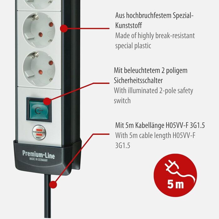 Розетка Brennenstuhl Premium-Line 6-місна (розетка з вимикачем і кабелем 5 м - розташування розеток під кутом 45, настінна розетка