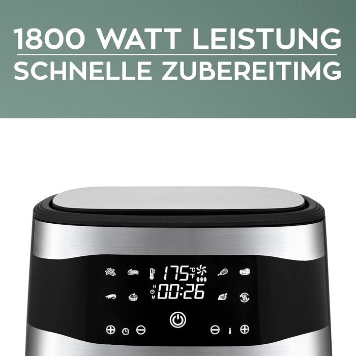 Фритюрниця HEINRICHS з нержавіючої сталі з цифровим світлодіодним дисплеєм РК-дисплей сенсорний, 8 програм 1800 Вт для фритюрниці без олії Фритюрниця Функція таймера фритюрниці, Heinrich (8 л XXL)