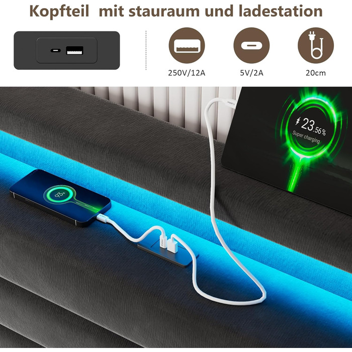 Ліжко FEONASE 140x200 з місцем для зберігання, М&39яке ліжко 140x200 см зі світлодіодним освітленням та зарядною станцією, Каркас ліжка з гідравлічним та велюровим узголів&39ям, місцем для зберігання, рейкова основа, Матрац не входить до комплекту, Темно-