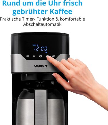 Кавоварка MEDION з термосом і таймером (кавоварка з фільтром, 8 чашок, 1,2 л, 900 Вт, 3 рівня, функція збереження тепла, таймер, а