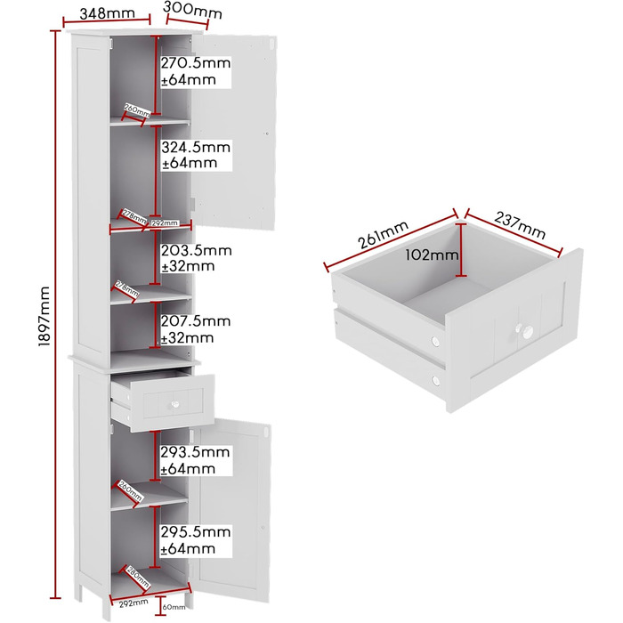 Висока шафа для ванної кімнати Vida Priano з дзеркалом, шафа для зберігання речей, висока підлогова шафа, білий колір Milano, висока біла