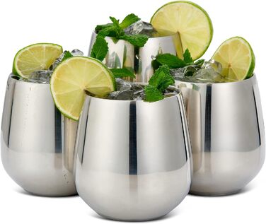 Келихи для червоного вина з нержавіючої сталі без ніжки, 4 металеві соломинки та 2 щітки для чищення, 350 мл - міцні та небиткі -