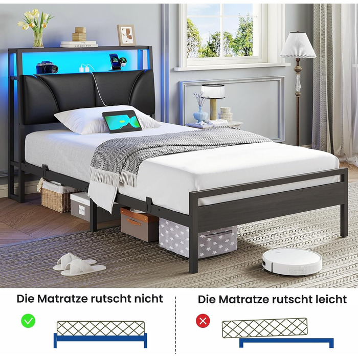 Ліжко 90x200 см з металевою рейковою основою, каркас ліжка 90x200 см зі світлодіодним підсвічуванням, дитяче ліжко 90x200 см з узголів&39ям та зарядною станцією (2 розетки змінного струму, 2 порти USB), металеве односпальне ліжко, чорне, 90x200 см