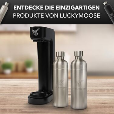 Виробник газованої води Luckymoose Infinity з 2 пляшками з нержавіючої сталі 1,25 л - Економить до 25 CO2 завдяки автоматичній зупинці - Пляшки можна мити в посудомийній машині та без терміну придатності (2 шт. нержавіюча сталь)